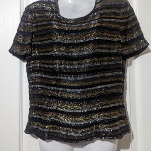 Vtg Y2K Adrianna Papell Evening Sequin Top Silk Beaded Med Striped Print Zip M